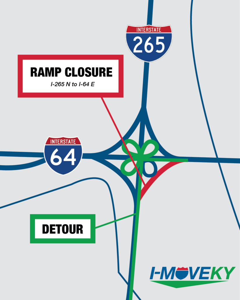 A map with the I-265 N ramp to I-64 E highlighted red to show the closure. The alternate route is in green.