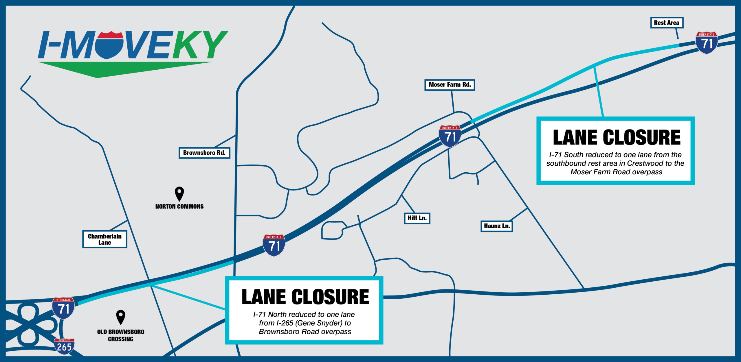 A map of I-71 showing the anticipated lane closures. The map is gray with blue lines for the roads. The closures are marked in light blue.