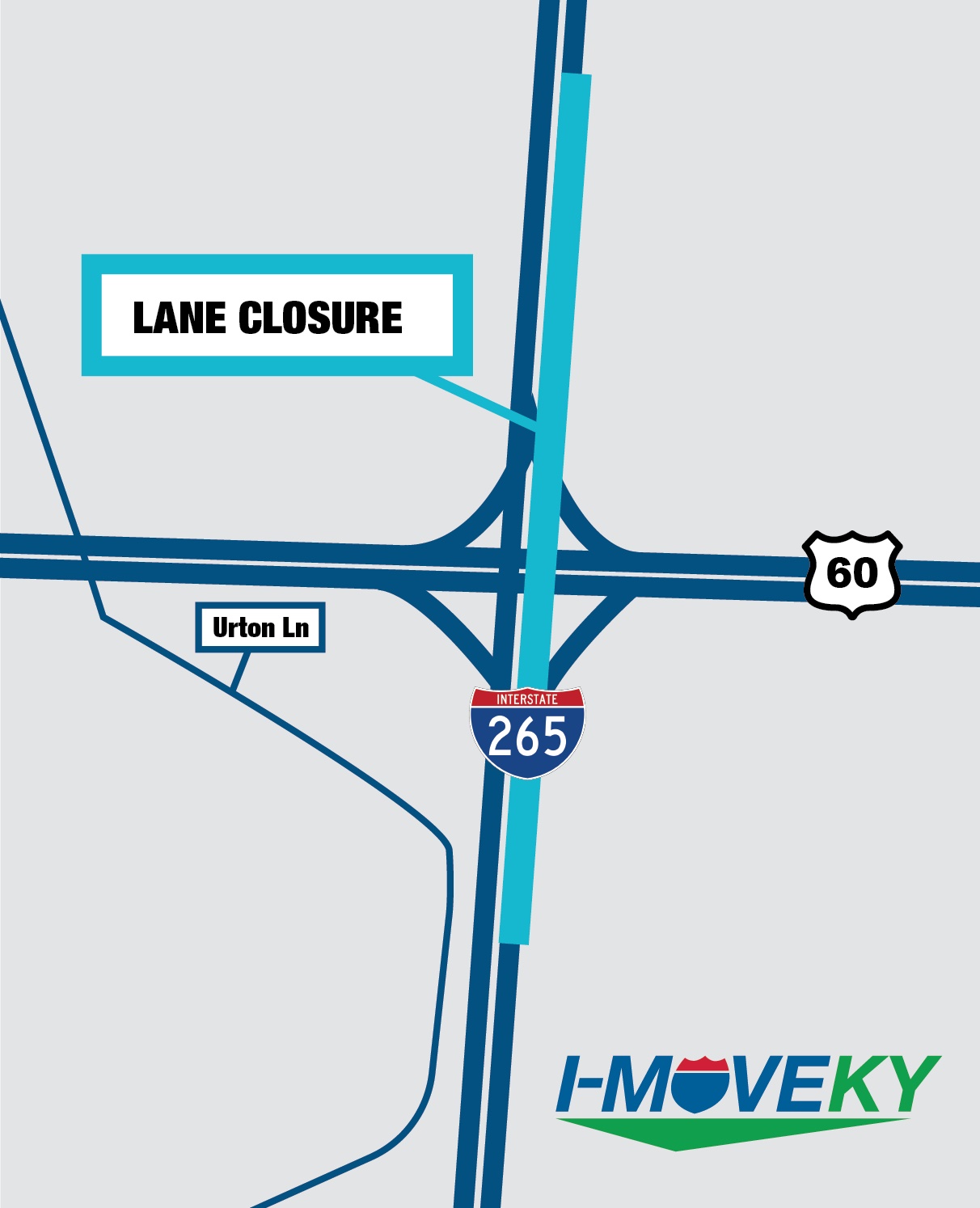 A map of the lane closure. The map background is light gray with navy lines for the highway and roads. The lane closure is in light blue. The green, blue and red I-Move logo is in the bottom right corner.