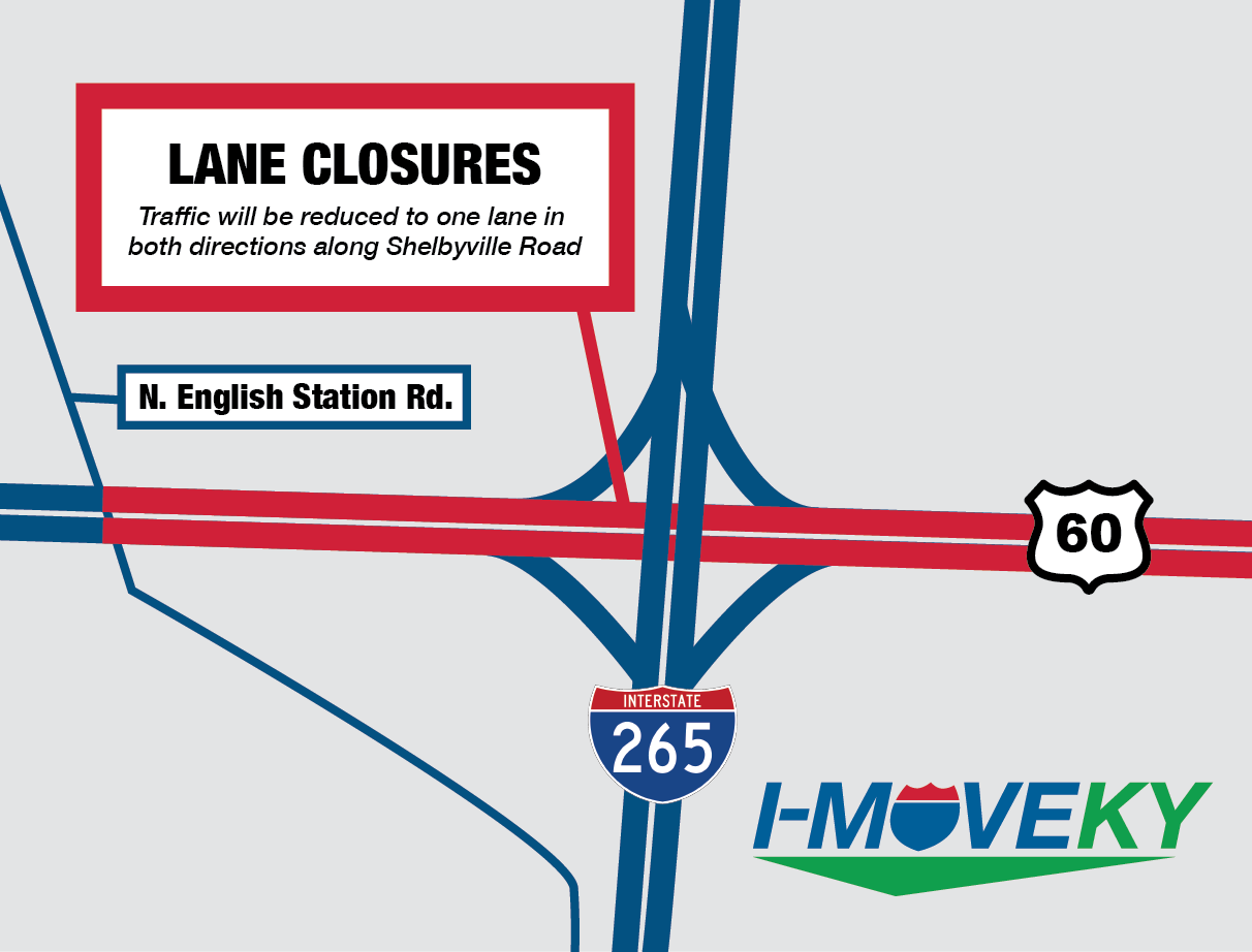 A map showing the lane closures. The closures are in red, while the open lanes are in navy. The map background is gray. There is an I-Move KY logo in the bottom right corner.