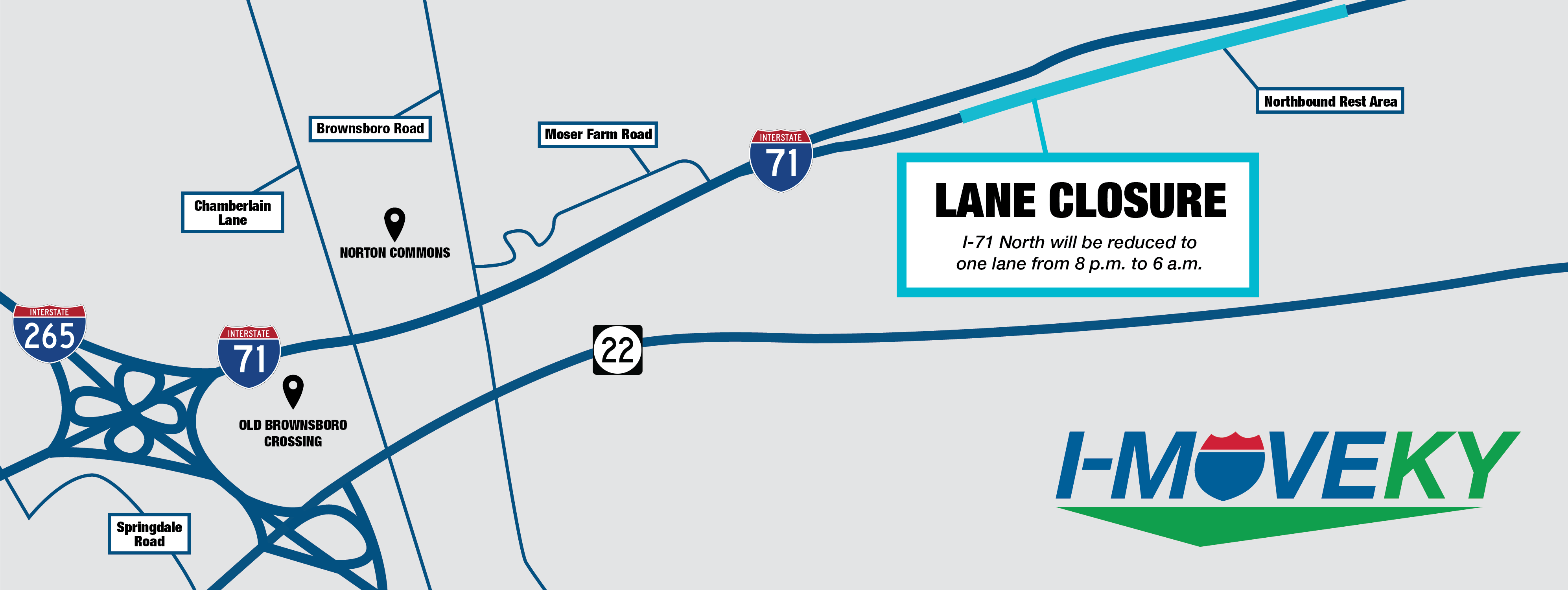 A gray map with blue lines for the street. The lane closure is in bright blue. The I-Move logo is in the bottom right corner.