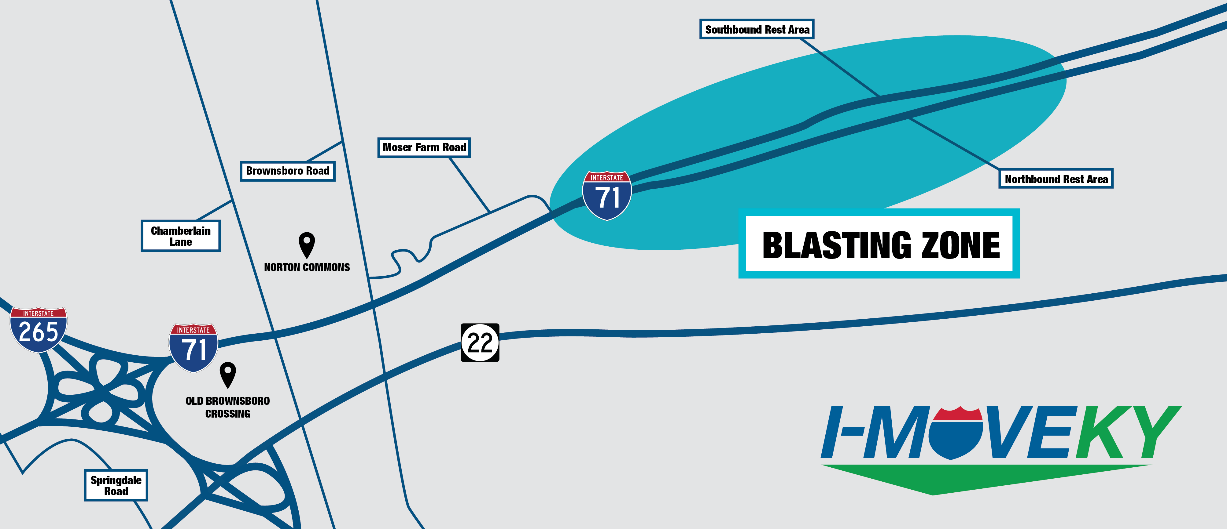 A map showing the blasting area. The map background is gray and the roads are navy blue. The blasting area is showing in a teal oval.