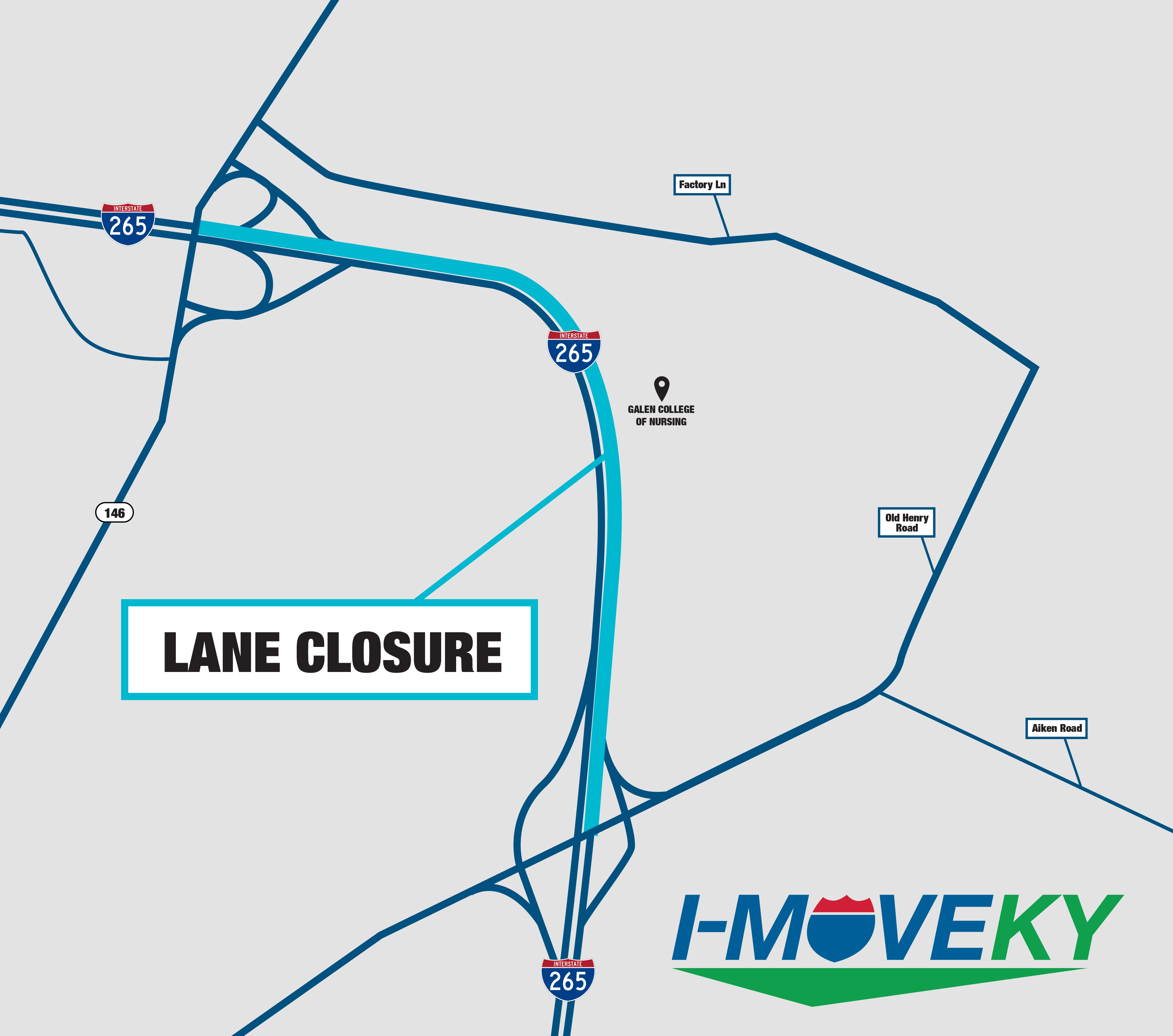 A gray map showing the lane closure on I-265 North in blue.