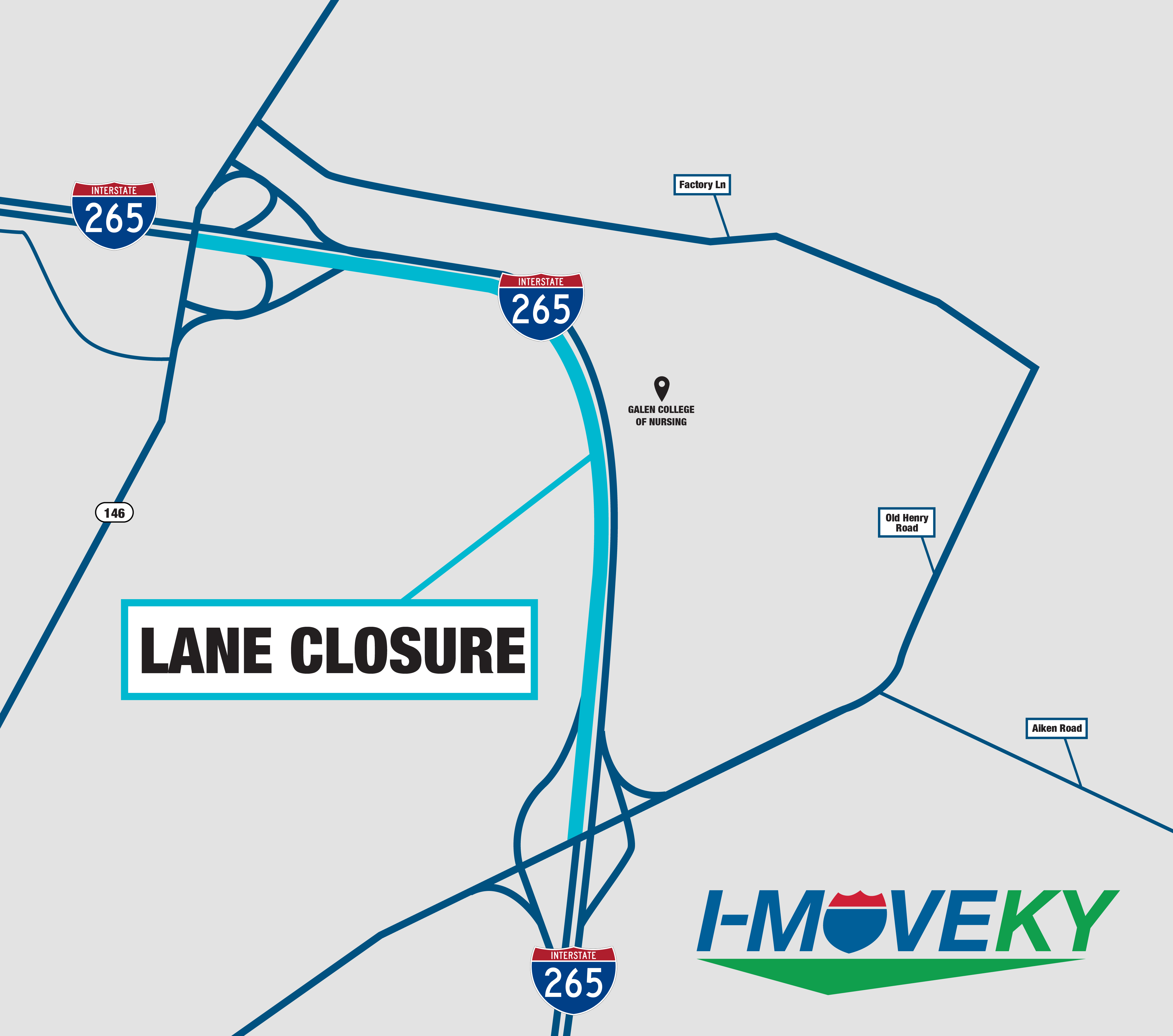 A gray map showing the lane closure on I-265 South in blue.