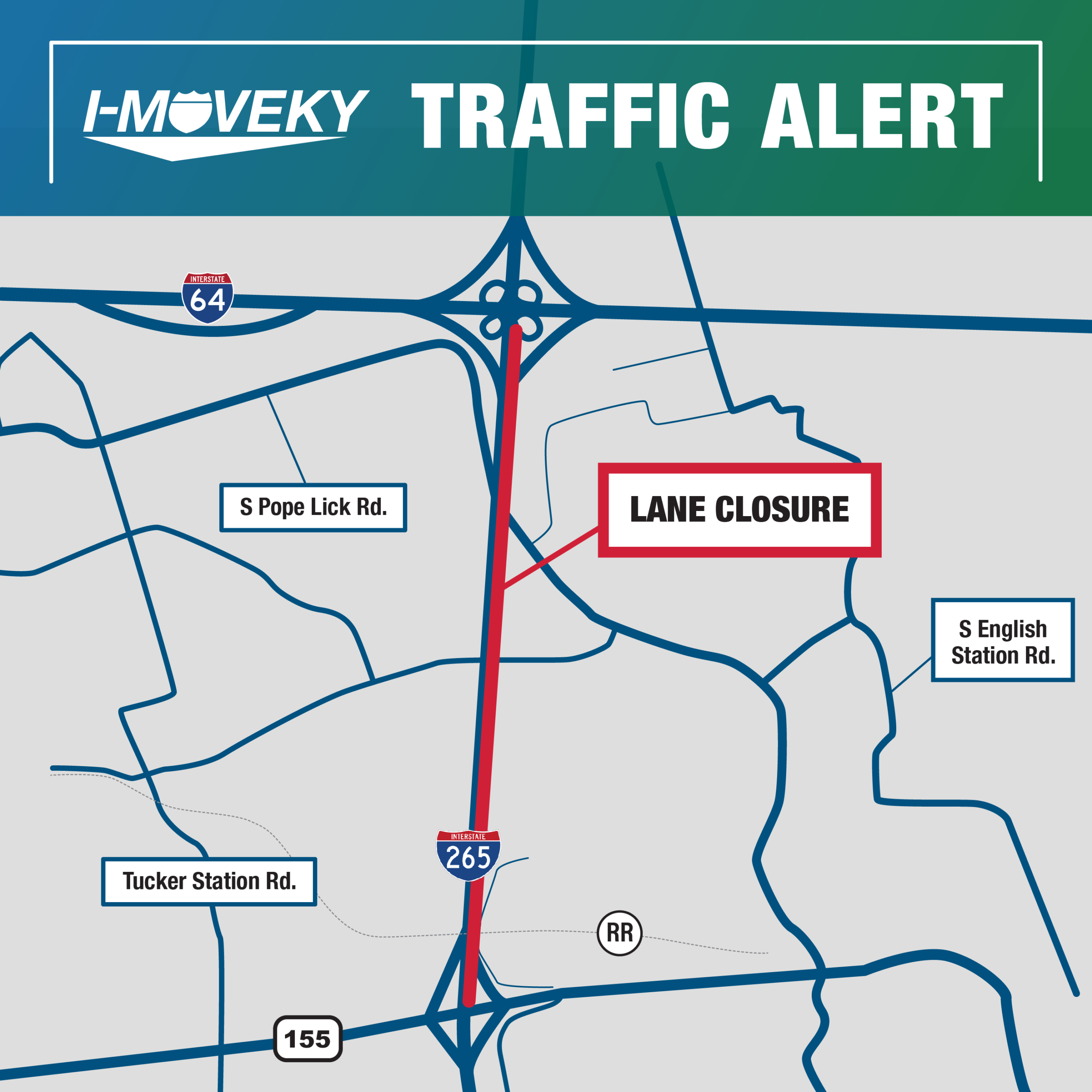 Gray I-265 map showing the northbound lane closure in red.