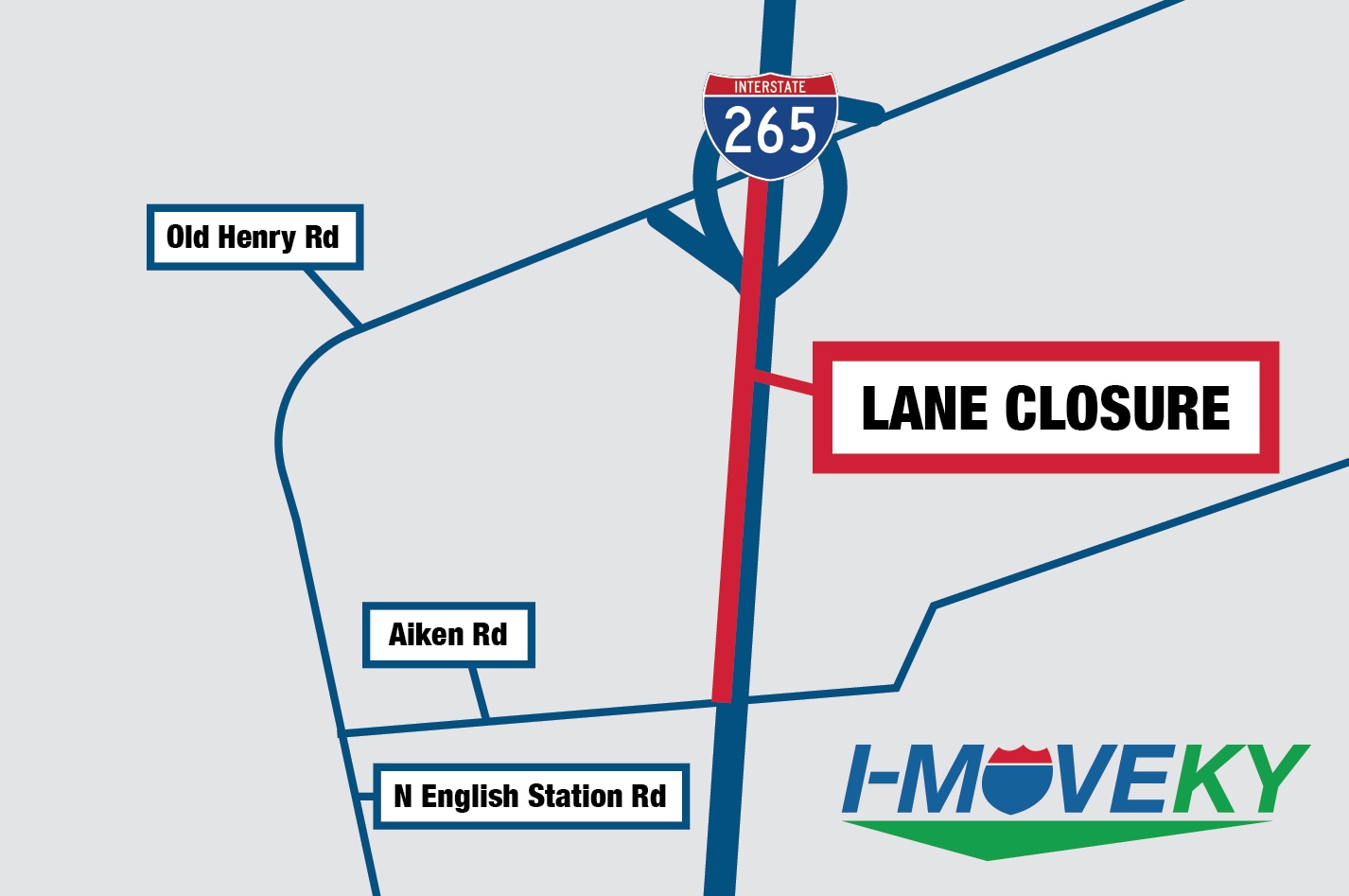 Gray map showing the closure on I-265 South in red