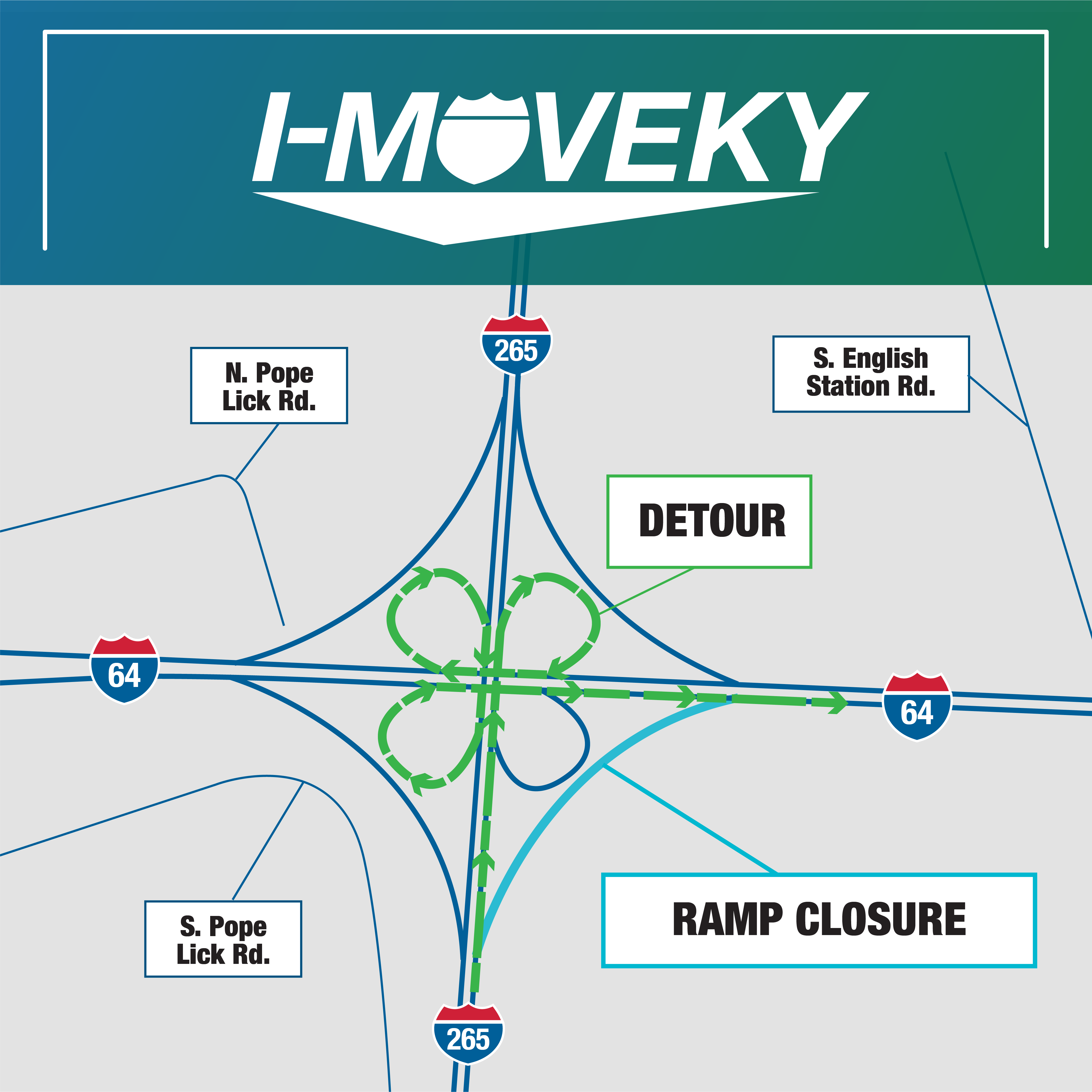 Gray map showing the ramp closure in blue with a green detour